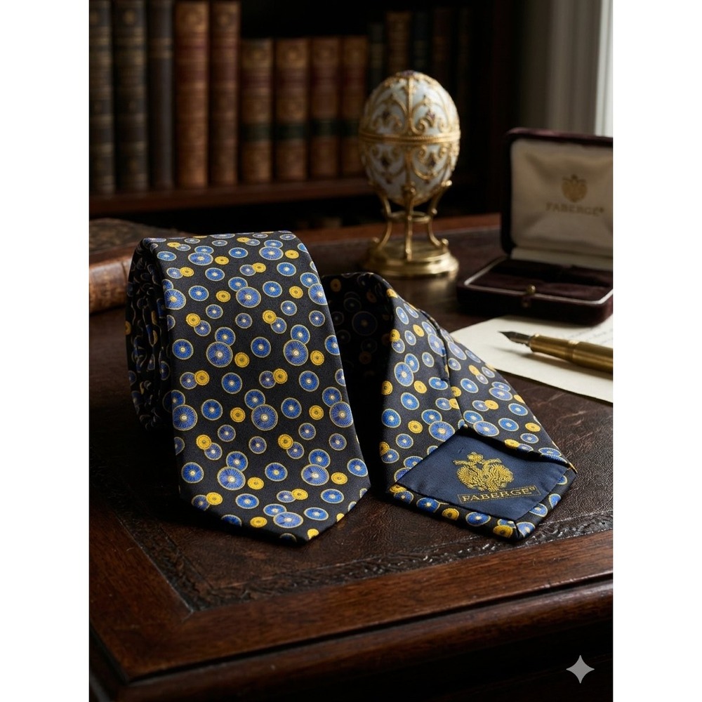 Faberge Silk Necktie Mens Black Blue Yellow Geometric Circle Handmade USA 4x57